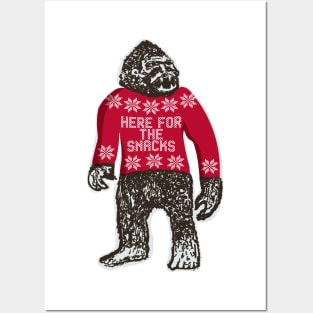 Bigfoot in an Ugly Christmas Sweater that says Here For The Snacks Posters and Art